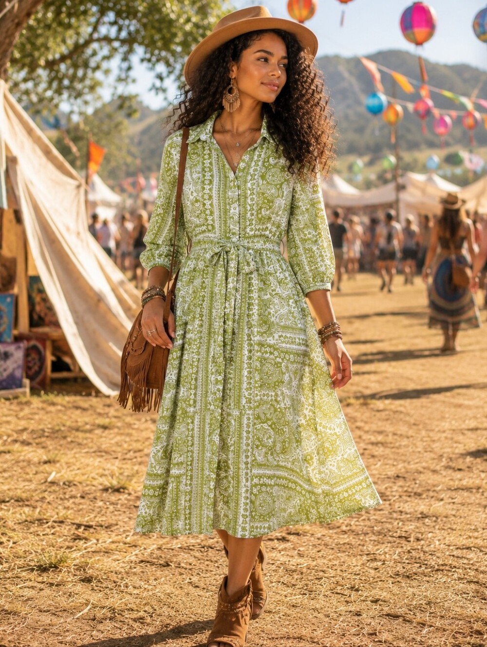 Mlle Gabrielle Womens Green Buttoned Paisley Shirt Midi Dress NEW NWT